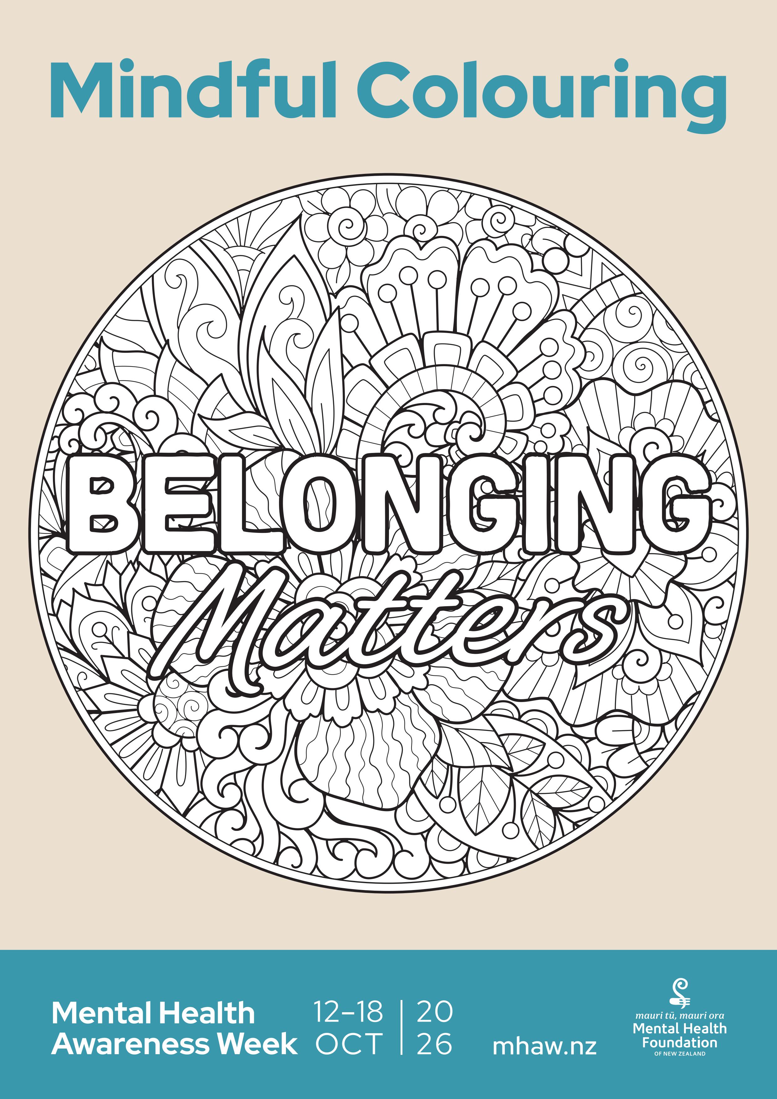Line drawing of an intricate floral pattern overlayed with the phrase, Belonging Matters.